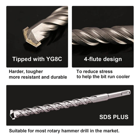 Close-up views of SDS Plus masonry drill bit featuring YG8C carbide tip and four-flute design for rotary hammer use.