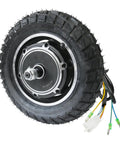 No Sweat 10 Inch 48V 350W Brushless Hub Motor Wheel Packed With Rugged Off Road Tire Pre Assembled Disc Brake, side view with connectors.