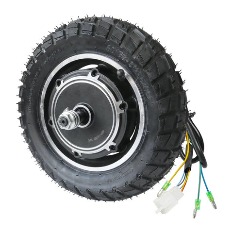 No Sweat 10 Inch 48V 350W Brushless Hub Motor Wheel Packed With Rugged Off Road Tire Pre Assembled Disc Brake, side view with connectors.