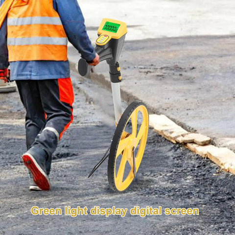 Digital Display Measuring Wheel With Retractable Handle For Walking Distance Tracking, worker using on pavement