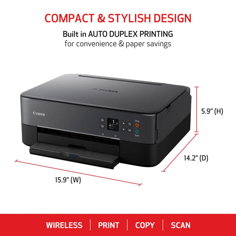 All In One Wireless Inkjet Printer Print Copy Scan With Alexa 1.44 Inch Oled Display Front Rear Paper Trays Plug And Play Setup Slick Workflow Black Home Office Prints shown from the front with auto duplex feature.