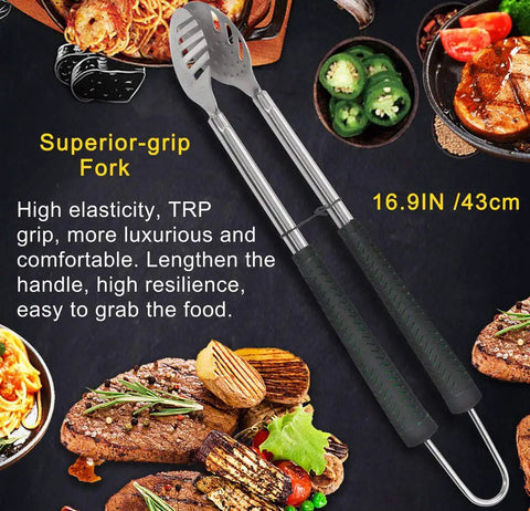 Golf Club Style BBQ Tool Set 7 Piece With Rubber Handles Stainless Steel Grilling Utensils Kit Includes Fork