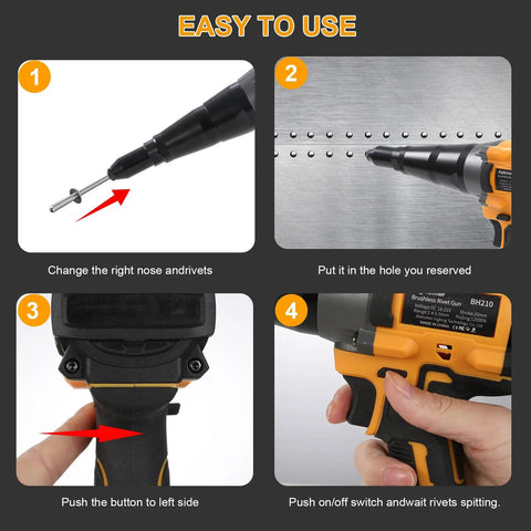 No Fuss Brushless Rivet Gun Pulling 12000 Newtons Of Rock Solid Grip With Quick Auto Reverse Toggle shows assembly steps for easy use.