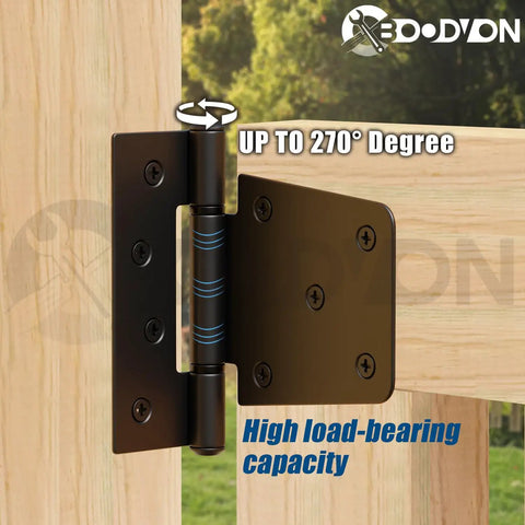 3.5 Inch Heavy Duty Gate Hinges Tough As Nails Extra Thick Black Shed Barn Door Hinges For Wooden Fences Yard Gate Vinyl Fence Gate Garage Indoor Outdoor 2 Pack Corrosion Resistant Anti Rust black hinge on wooden gate, 270° open