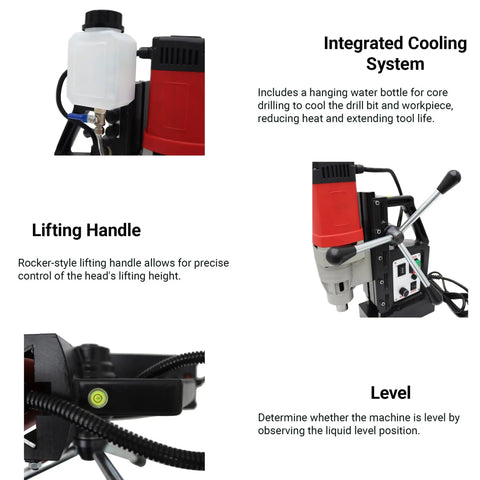 Heavy Duty Magnetic Drill Press 1400W With Tapping 7/8 Inch Drill Chuck And 1/2 Inch Tap showing integrated cooling system and lifting handle.