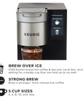 Front view of Plumbed Single Serve Office Coffee Maker With 150 Plus K Cup Varieties Brews Coffee Tea And Hot Cocoa In About A Minute Five Cup Sizes From 4 To 12 Oz Travel Mug Compatible Perfect For Busy Office Bosses, silver and black design with brewing options displayed.