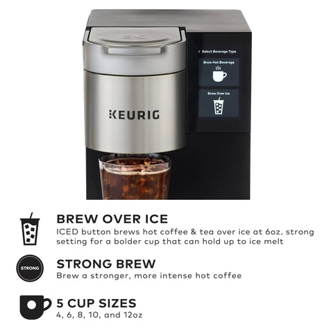 Front view of Plumbed Single Serve Office Coffee Maker With 150 Plus K Cup Varieties Brews Coffee Tea And Hot Cocoa In About A Minute Five Cup Sizes From 4 To 12 Oz Travel Mug Compatible Perfect For Busy Office Bosses, silver and black design with brewing options displayed.