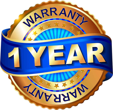 Gold and blue badge displaying '1 Year Warranty' prominently.