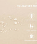 Close-up of beige water-repellent polyester fabric with text on fastness and resistance, from 3-Seater Outdoor Porch Swing With Adjustable Backrest And Canopy.