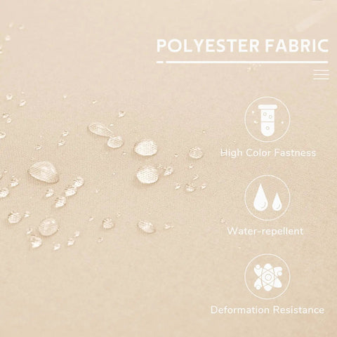 Close-up of beige water-repellent polyester fabric with text on fastness and resistance, from 3-Seater Outdoor Porch Swing With Adjustable Backrest And Canopy.