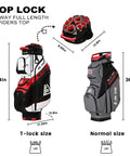 Badass White Golf Cart Bag Featuring T Lock Quiet Top Technology with 14 way full length dividers, dimensions and sizes displayed.