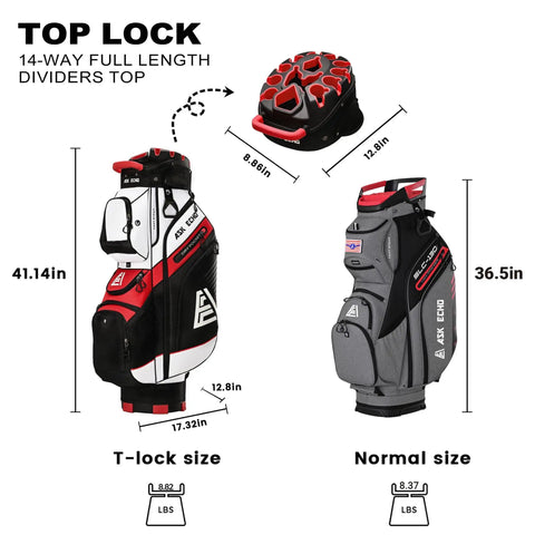Badass White Golf Cart Bag Featuring T Lock Quiet Top Technology with 14 way full length dividers, dimensions and sizes displayed.