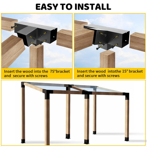 Installation of 4 Way Slant Angle Pergola Brackets Kit For 4x4 Lumber 15 Degree Up 75 Degree Down on wooden frame.