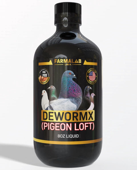 Farmalab Dewormx Pigeon Loft 8oz bottle featuring pigeon image and USA-made label