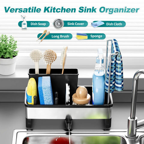 Stainless Steel Sink Caddy With Sponge Holder And Brush Holder Plus Towel Rack And Soap Dispenser Kitchen Sink Organizer