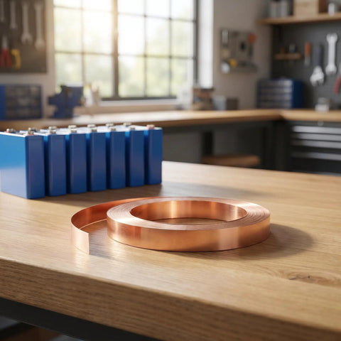 Straight Up Pure Copper Welding Strips For Ev Battery Packs And Power Modules Smooth Thin Copper Metal Roll on workbench with EV battery.