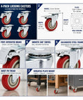 Heavy Duty 2.5 Inch Swivel Plate Casters With Foot Brakes Set Of Four Killer Smooth Rolling Red Urethane Wheels For Carts Workbenches And Mobile Equipment Built Tough Ball Bearings Roll Hella Smooth on a work surface.