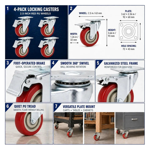 Heavy Duty 2.5 Inch Swivel Plate Casters With Foot Brakes Set Of Four Killer Smooth Rolling Red Urethane Wheels For Carts Workbenches And Mobile Equipment Built Tough Ball Bearings Roll Hella Smooth on a work surface.