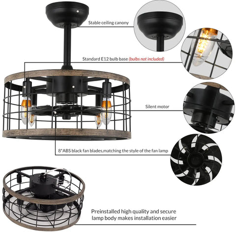 Small 18 Inch Caged Ceiling Fan With Lights And Remote Control Industrial Rustic Farmhouse Enclosed Bladeless Ceiling Fan For Bedroom Kitchen Living Room Black with stable ceiling canopy and silent motor.