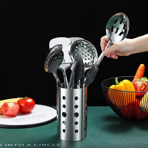 Stainless Steel 13 Piece All In One Kitchen Utensils Set With Holder Nonstick Heat Resistant Dishwasher Safe Easy To Clean