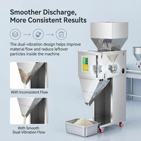 No Sweat Precision Granule Filling Machine With Heavy Duty Stainless Steel Build And Smart Dual Vibration Feeding, showing material flow.