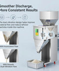 Slick Heavy Duty Granule Filling Machine With Foot Pedal Stainless Steel Precision Scale Dispenser showing smooth dual-vibration discharge.