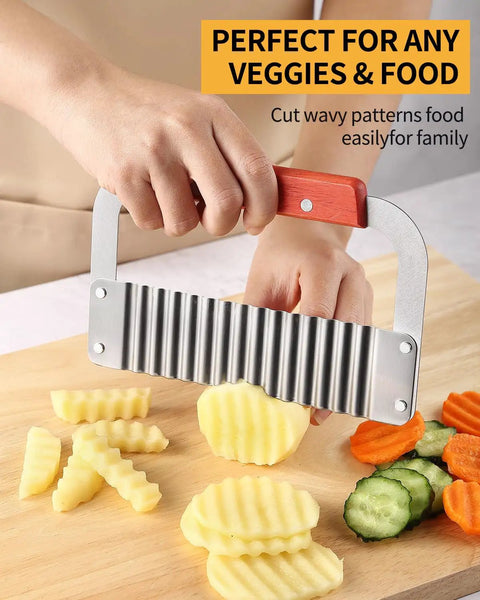 Hand using Heavy Duty Crinkle Cutter For Potatoes And Veggies Stainless Steel With Wooden Handle Rust Resistant Wavy Knife on veggies