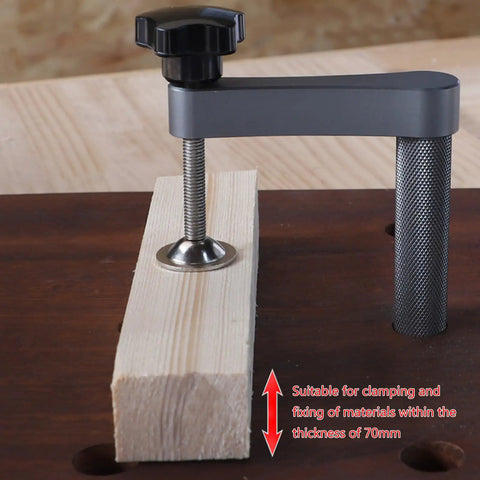 Goat Grade Bench Clamps Set For Woodworking Crews Adjustable Quick Release Dog Hole tabletop vise grip securing wood block.