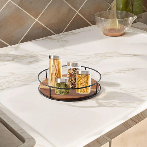 Wooden Lazy Susan Utensil Organizer With Steel Ball Bearings And Anti Slip Pads For Secure Heavy Item Storage On Your Countertop Full 360 Degree Rotation For Easy Access To Spices Condiments Pots And Pans with spice jars
