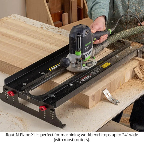 Rout N Plane Bench Top Board Mill XL Router Sled for flattening and surfacing cutting boards up to 24 inches wide, DIY use.