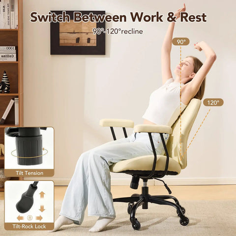 Ergonomic Home Office Desk Chair With Lumbar Support, Height Adjustable, Rolling Rubber Casters, Cream Leather, Recline Feature