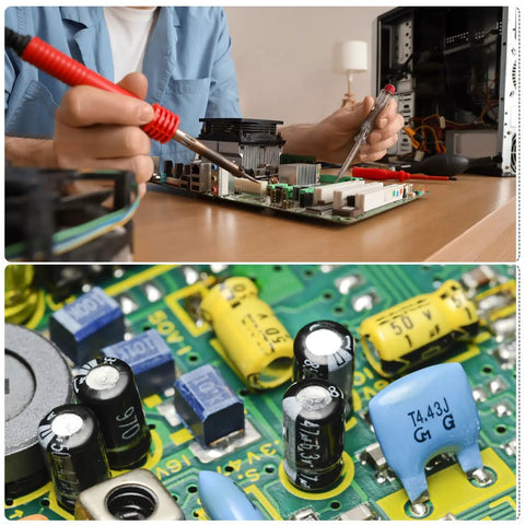 Technician working with heavy duty 1000uF 63V electrolytic capacitors on a circuit board, close-up of aluminum radial leads.