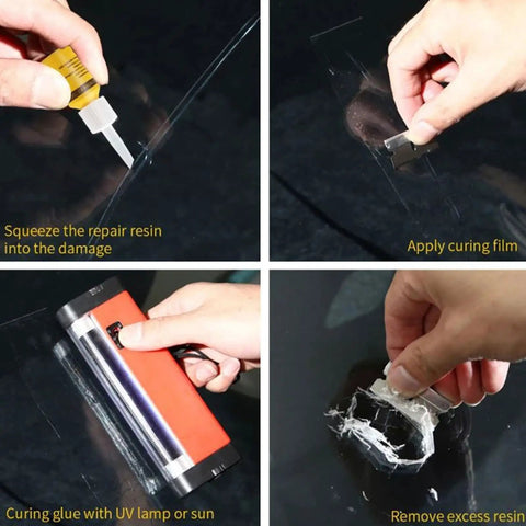 Steps for using Glass Nano Repair Fluid Windshield Kit For Small Chips And Cracks, Easy Quick Fix With Resin System shown in images.