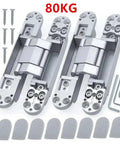 Slick Heavy Lift Invisible Door Hinges With Tight Adjustability For Outward Opening Wood Doors Providing A Clean Hidden Mount And No Drama Silver Finish Hardware Setup with screws and adjustment tools.