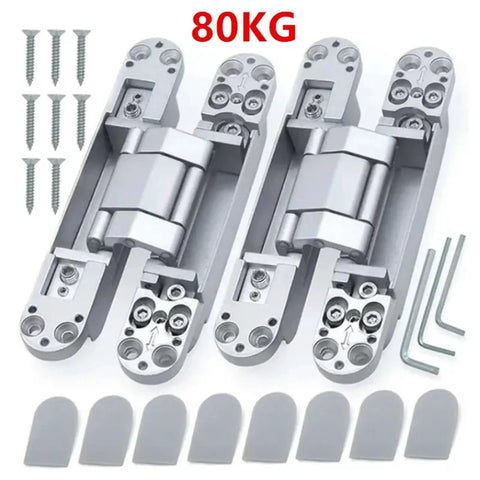 Slick Heavy Lift Invisible Door Hinges With Tight Adjustability For Outward Opening Wood Doors Providing A Clean Hidden Mount And No Drama Silver Finish Hardware Setup with screws and adjustment tools.