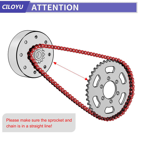 Side view of red go-kart roller chain around silver sprockets.