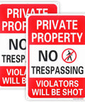 2 Pack Heavy Duty Private Property Signs No Trespassing Violators Will Be Shot, 14x10in, reflective metal for outdoor use.