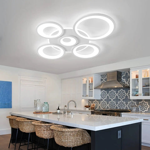 80W Dimmable LED Ceiling Light With Remote Control 5 Ring Flush Mount Acrylic Lamp White Chandelier in modern kitchen
