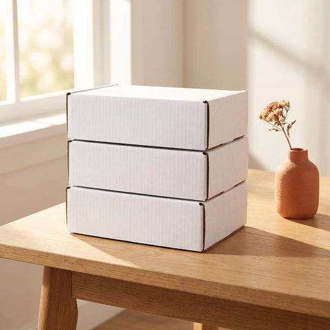 20 Pack White Corrugated Cardboard Mailing Boxes For Shipping And Parcel Packaging, Heavy Duty White Paper Parcel Boxes, Ideal For Small Business, Warehouse, Moving, 6.3 By 4 By 3.2 Inches stacked on a table