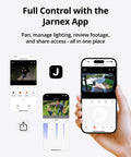 Jarnex app displaying control features for 2K HD Outdoor Lantern Camera with Wi Fi, Wall Light Cam, and more on smartphone