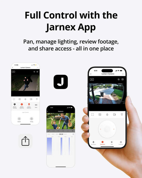 Jarnex app displaying control features for 2K HD Outdoor Lantern Camera with Wi Fi, Wall Light Cam, and more on smartphone