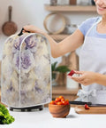 Watercolor Floral Blender And Stand Mixer Cover Protects Your No Fuss Home Kitchen Small Appliance From Dust Proof Fingerprints And Scratches Durable Polyester Protector Easy To Clean visible in kitchen setting with woman preparing food.
