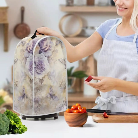 Watercolor Floral Blender And Stand Mixer Cover Protects Your No Fuss Home Kitchen Small Appliance From Dust Proof Fingerprints And Scratches Durable Polyester Protector Easy To Clean visible in kitchen setting with woman preparing food.