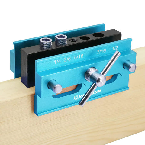 Self Centering Dowel Jig For Woodworking And DIY Projects With Precision Drill Guide mounted on wood