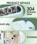 Ultrasonic Jewelry Cleaner With Digital Timer 50KHz Deep Clean In 304 Stainless Steel highlighting anti-slip and portable design.