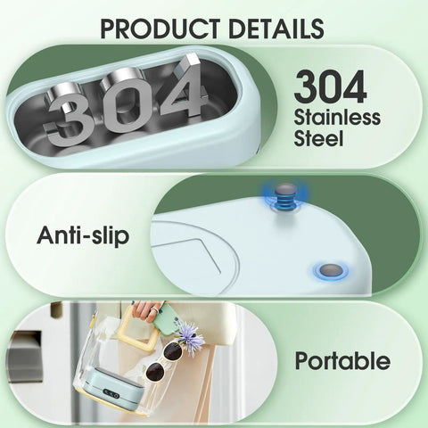 Ultrasonic Jewelry Cleaner With Digital Timer 50KHz Deep Clean In 304 Stainless Steel highlighting anti-slip and portable design.