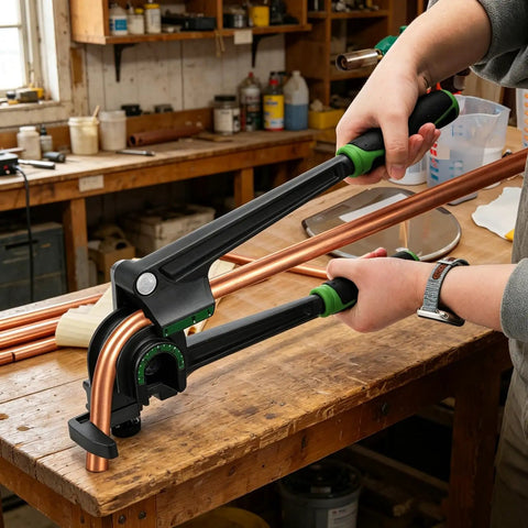 Pumtus 3 In 1 Manual Tube Bender For Copper Pipe 128 Inch And Brass Tubing Bending Tool With Rubber Handle HVAC in action bending copper pipe.