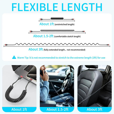 Diagram showing lengths of Coiled USB C Car Cable 2 Pack Fast Charging Type C To USB C, with 1ft to 3ft stretch options.