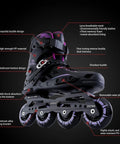 Black inline skate with purple details, showing buckle and wheel design. Product focus: Inline Skates For Girls And Boys Dope Professional Roller Blades For Women And Men Adjustable For Beginners White Size 9 Built Tough.