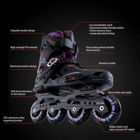 All Ages Inline Skates For Girls And Boys, Adjustable Beginner Roller Blades For Women And Men, Black Purple, Size 9, close-up view